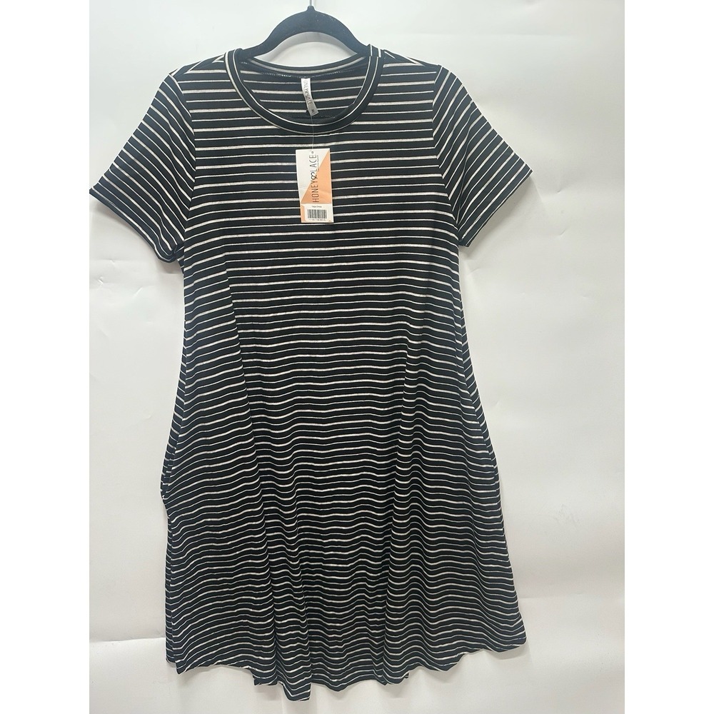 Honey & Lace Dress Womens XL Black White Stripe Swing‎ Pockets